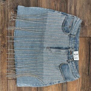 Denim Skirt with Rhinestone Fringe